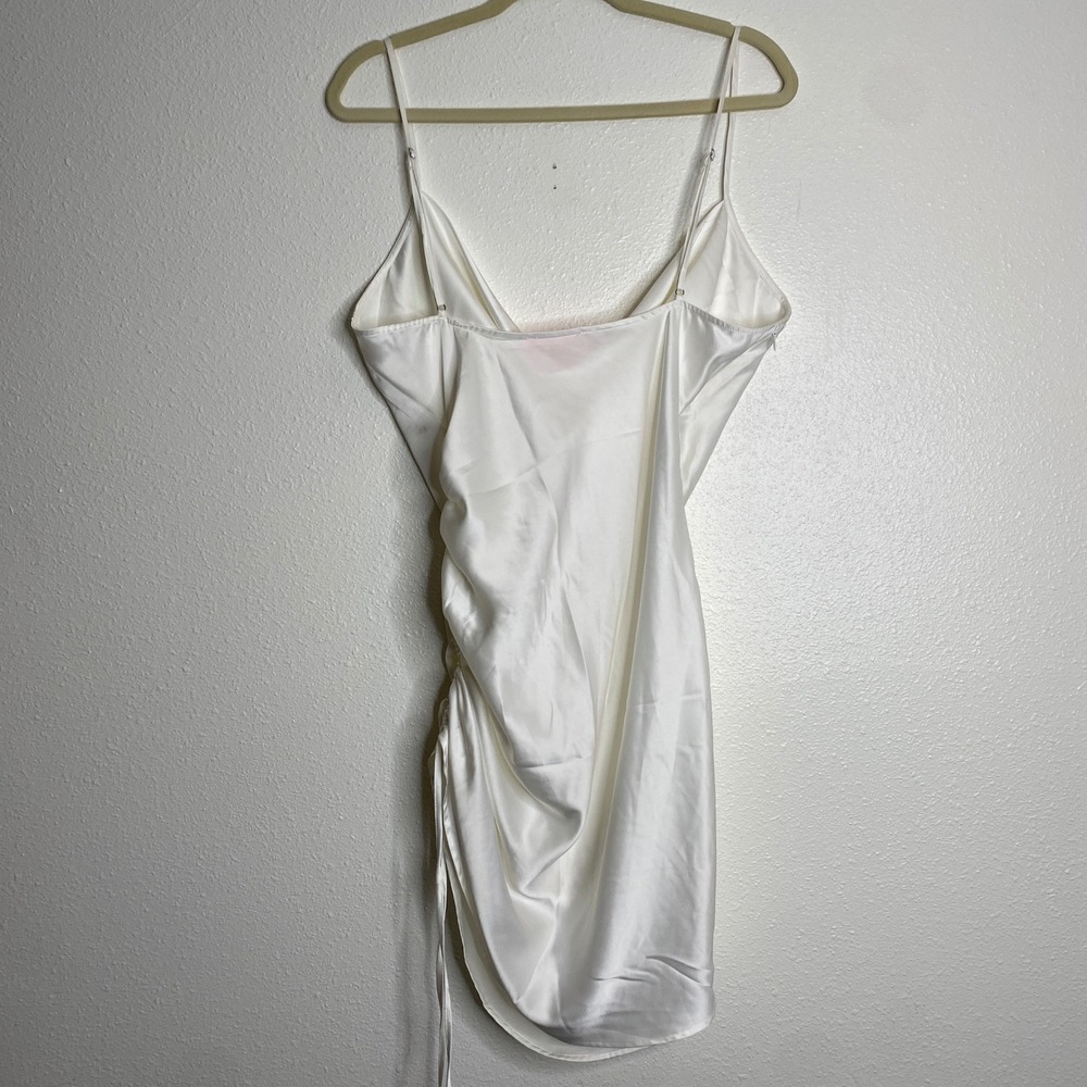 Sugar Thrillz Women's XL White Satin Cowl Neck Ruched Bodycon Mini Dress - Picture 7 of 7